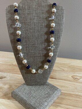 Vintage Blue Pearl & Gold Tone Necklace 22" Elegant Classic Jewelry